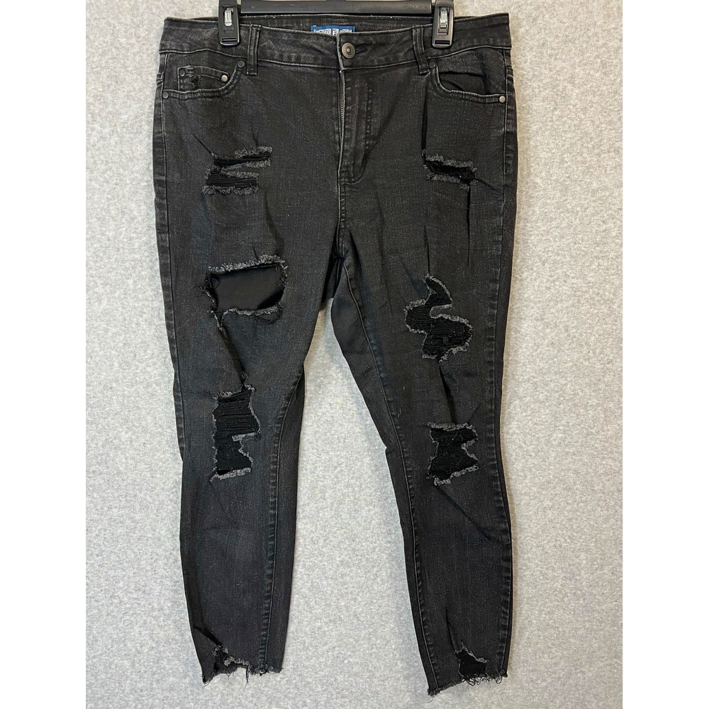 Indigo Fusion Womens Black Charcoal Wash Distressed Stretch Skinny Jeans Sz 16